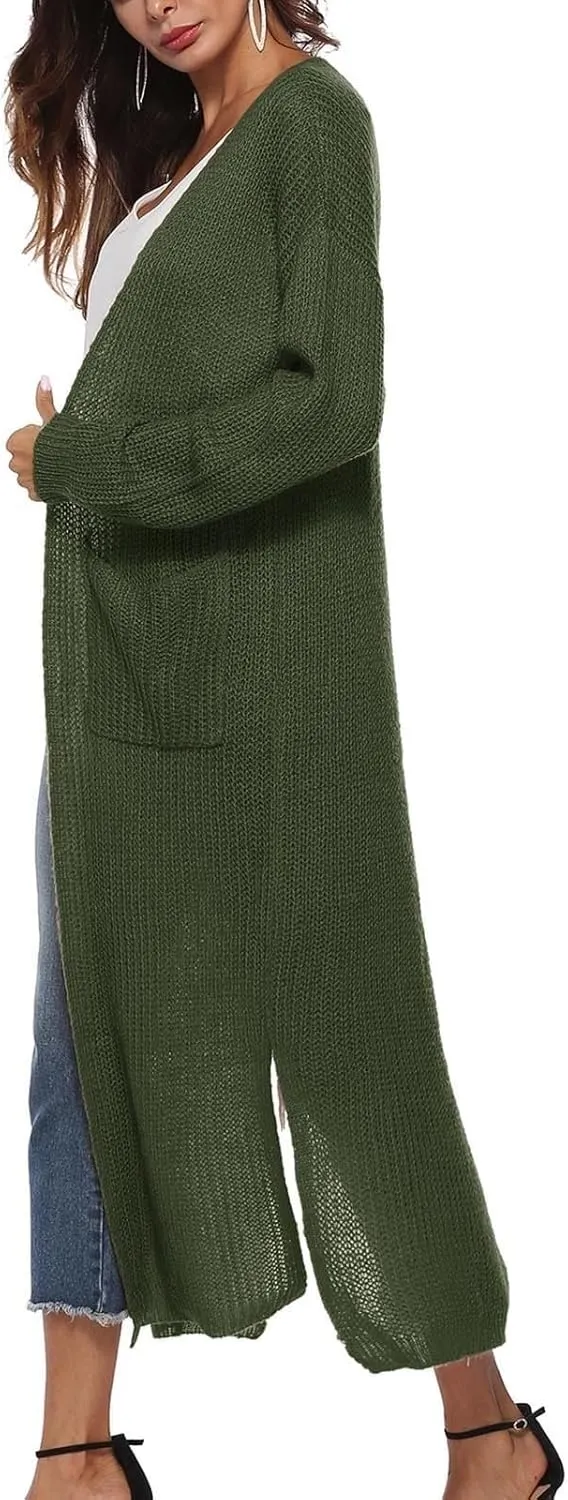 Women's Lightweight Longline Knitted Cardigan, Open Front Draped Sweater Coat with Pockets