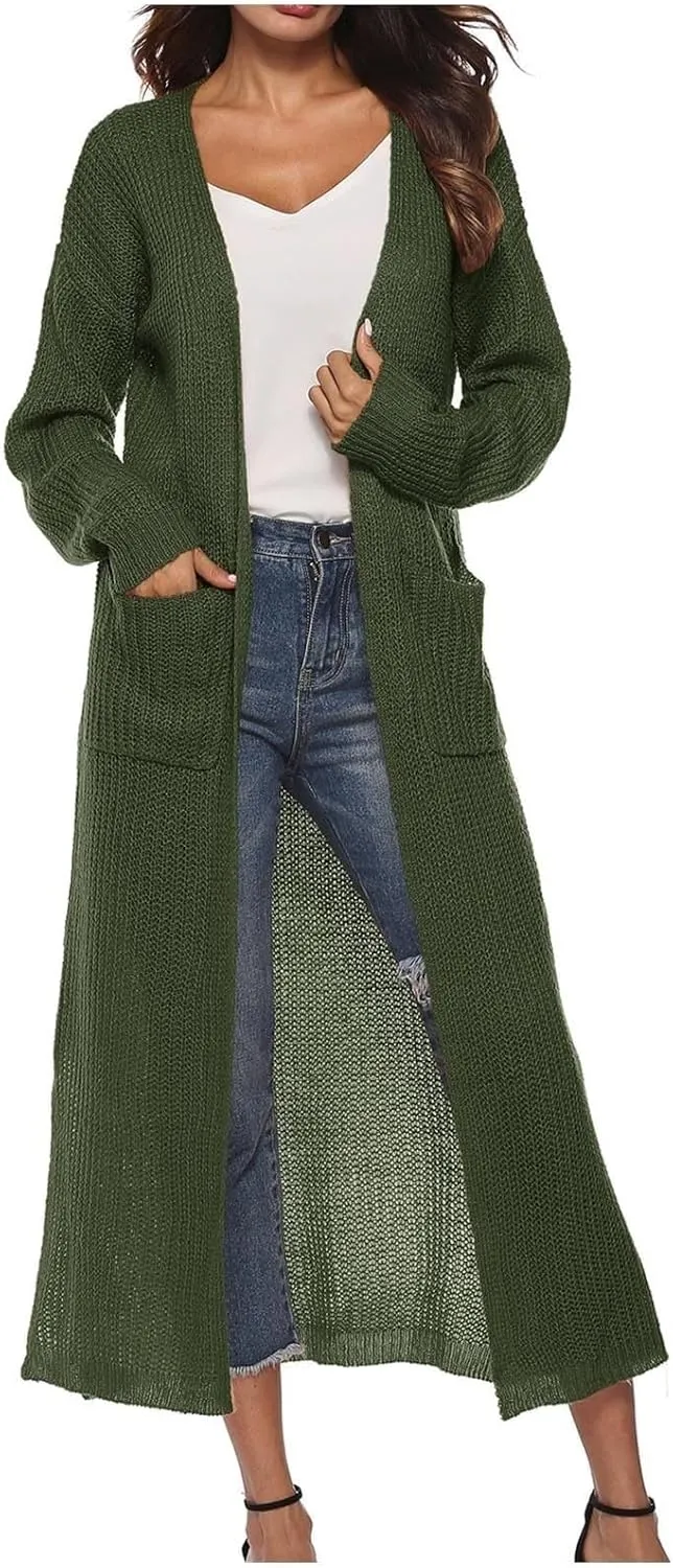 Women's Lightweight Longline Knitted Cardigan, Open Front Draped Sweater Coat with Pockets