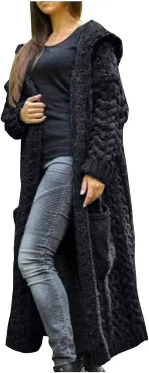 Womens Long Cable Knit Cardigan Sweaters Casual Open Front Long Sleeve Sweater Coats with Pockets