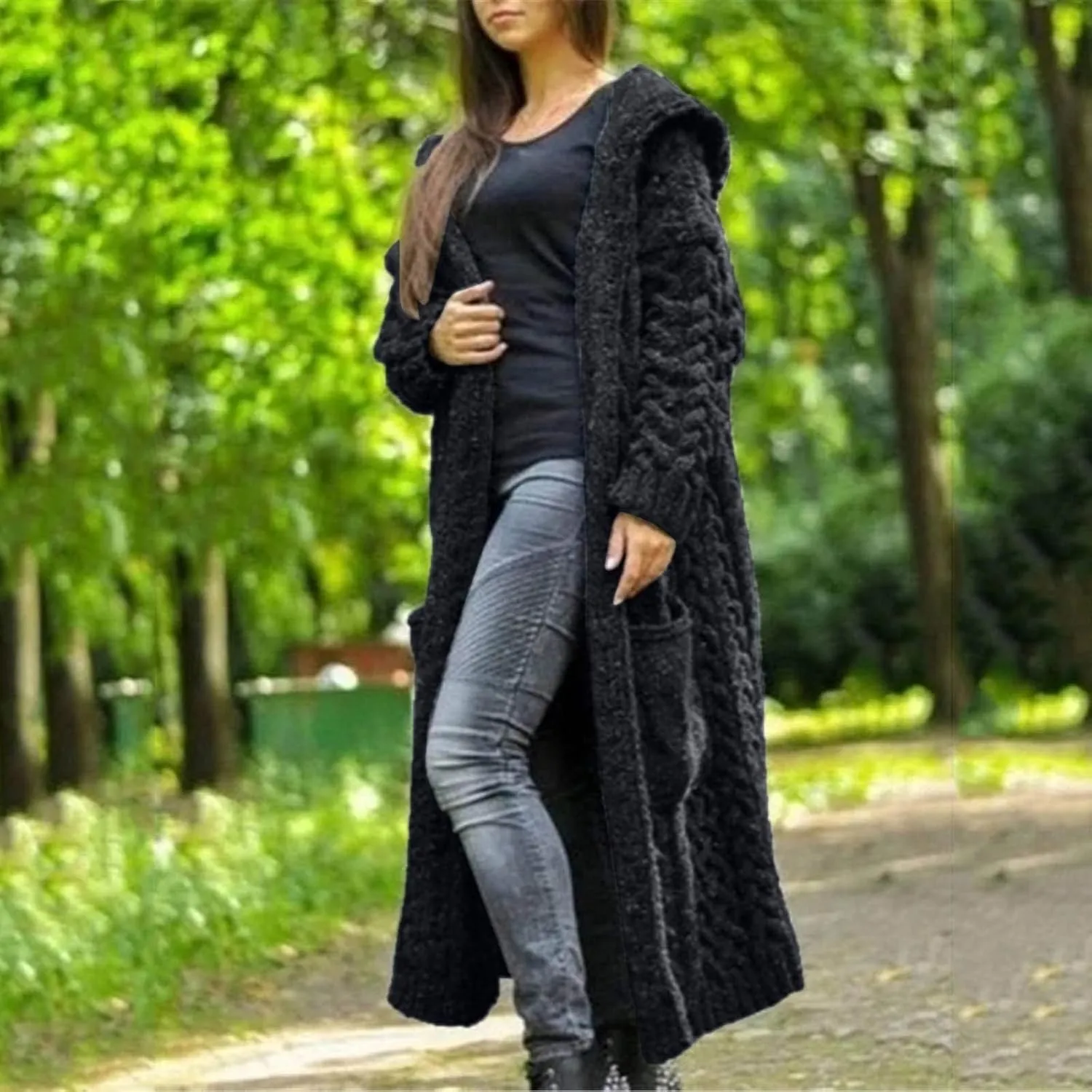 Womens Long Cable Knit Cardigan Sweaters Casual Open Front Long Sleeve Sweater Coats with Pockets