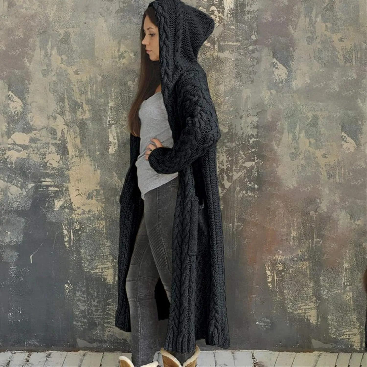 Womens Long Cable Knit Cardigan Sweaters Casual Open Front Long Sleeve Sweater Coats with Pockets