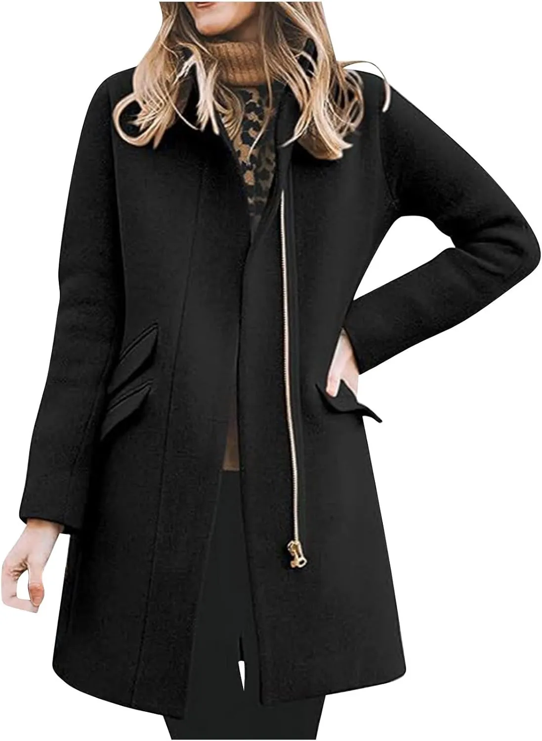 Womens Long Coat Classic Open Front Zip Up Casual Winter Wool Blend Over Pea Coats 2024 Fashion Solid Long Jackets