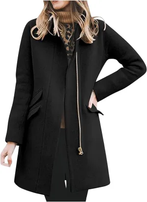 Womens Long Coat Classic Open Front Zip Up Casual Winter Wool Blend Over Pea Coats 2024 Fashion Solid Long Jackets