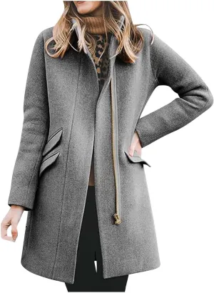 Womens Long Coat Classic Open Front Zip Up Casual Winter Wool Blend Over Pea Coats Long Jackets Fashion Trench Coats