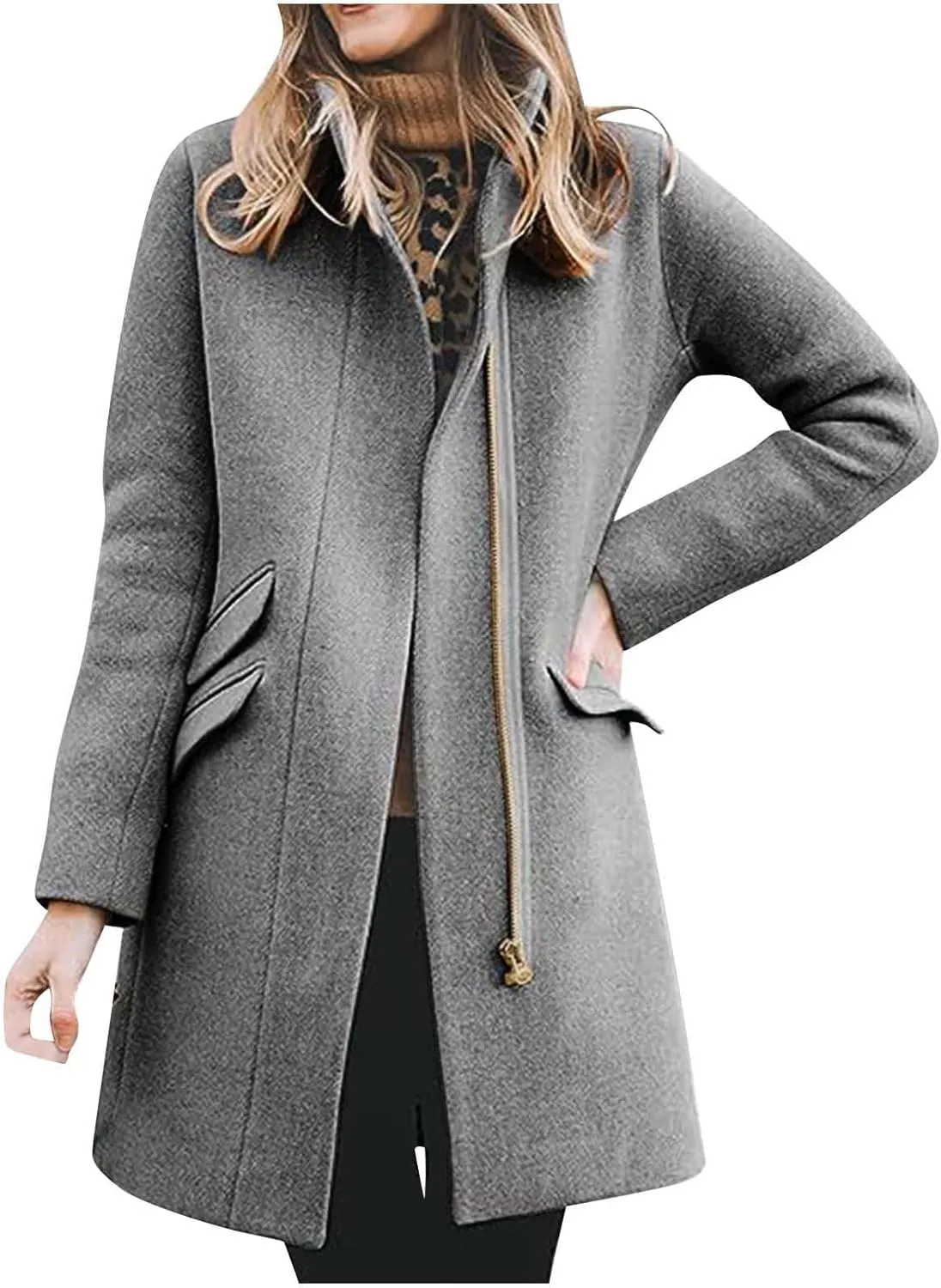 Womens Long Coat Classic Open Front Zip Up Casual Winter Wool Blend Over Pea Coats Long Jackets Fashion Trench Coats