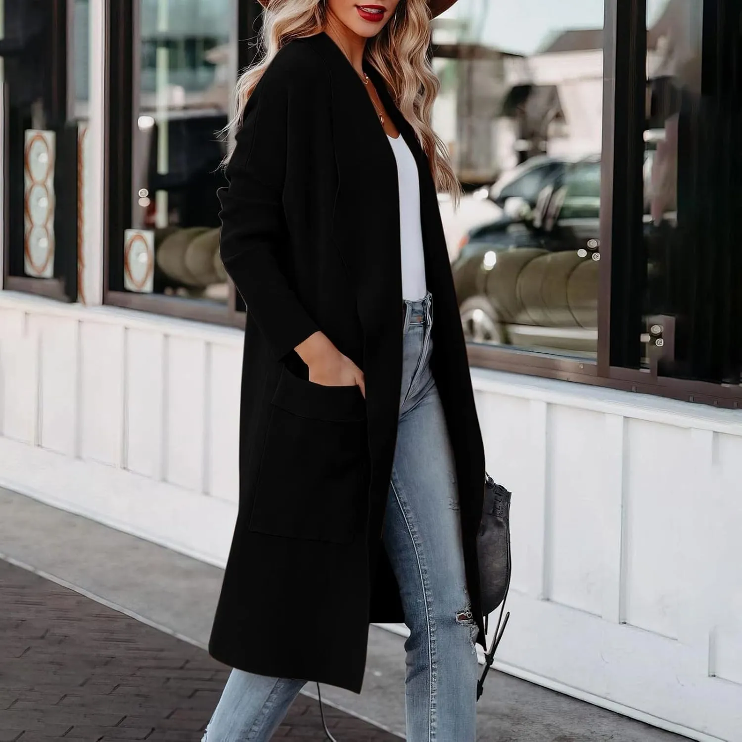 Womens Long Pea Coats Classic Lapel Collar Open Front Wool Blend Trench Coat Dressy Casual Business Midi Long Jackets