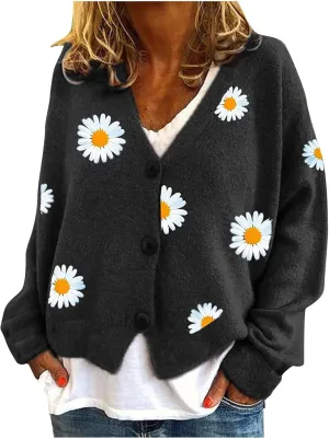 Womens Long Sleeve Button Comfy Sweater Cute Flower Graphic Cardigan Button Trendy Open Front Fall Clothes