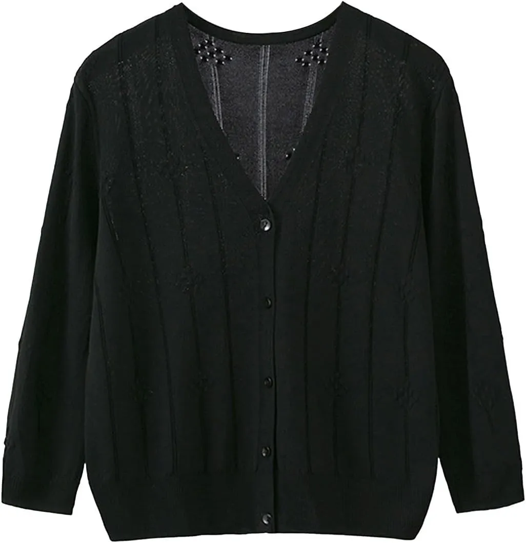 Women's Long Sleeve Button Down Knit Cardigan Sweaters V-Neck Open Front Outerwear Fall Casual Loose Cardigans