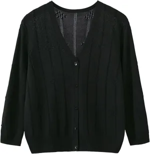 Women's Long Sleeve Button Down Knit Cardigan Sweaters V-Neck Open Front Outerwear Fall Casual Loose Cardigans
