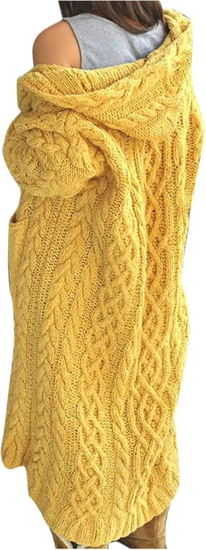 Womens Long Sleeve Cardigan Cable Knit Open Front Solid Color Hooded Sweaters Casual Fashion Fall Outerwear Coat with Pocket
