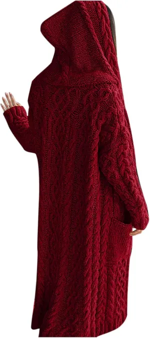Womens Long Sleeve Cardigan Cable Knit Open Front Solid Color Hooded Sweaters Casual Fashion Fall Outerwear Coat with Pocket