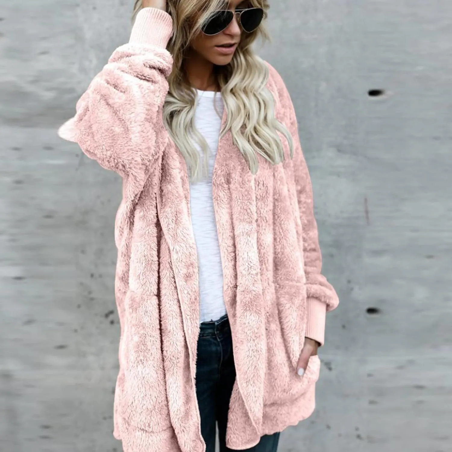 Womens Long Sleeve Coat Fashion Double Faced Plush Jackets Fall With Pocket Trendy 2024 Loose Clothes