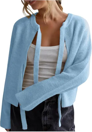 Womens Long Sleeve Cropped Cardigan Sweaters Lightweight Tie Front Chunky Knit Outwear Coat Fall Winter Outfits