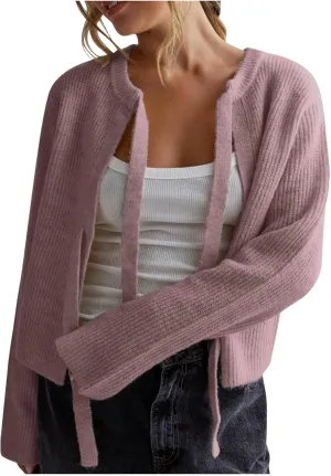 Womens Long Sleeve Cropped Cardigan Sweaters Lightweight Tie Front Chunky Knit Outwear Coat Fall Winter Outfits