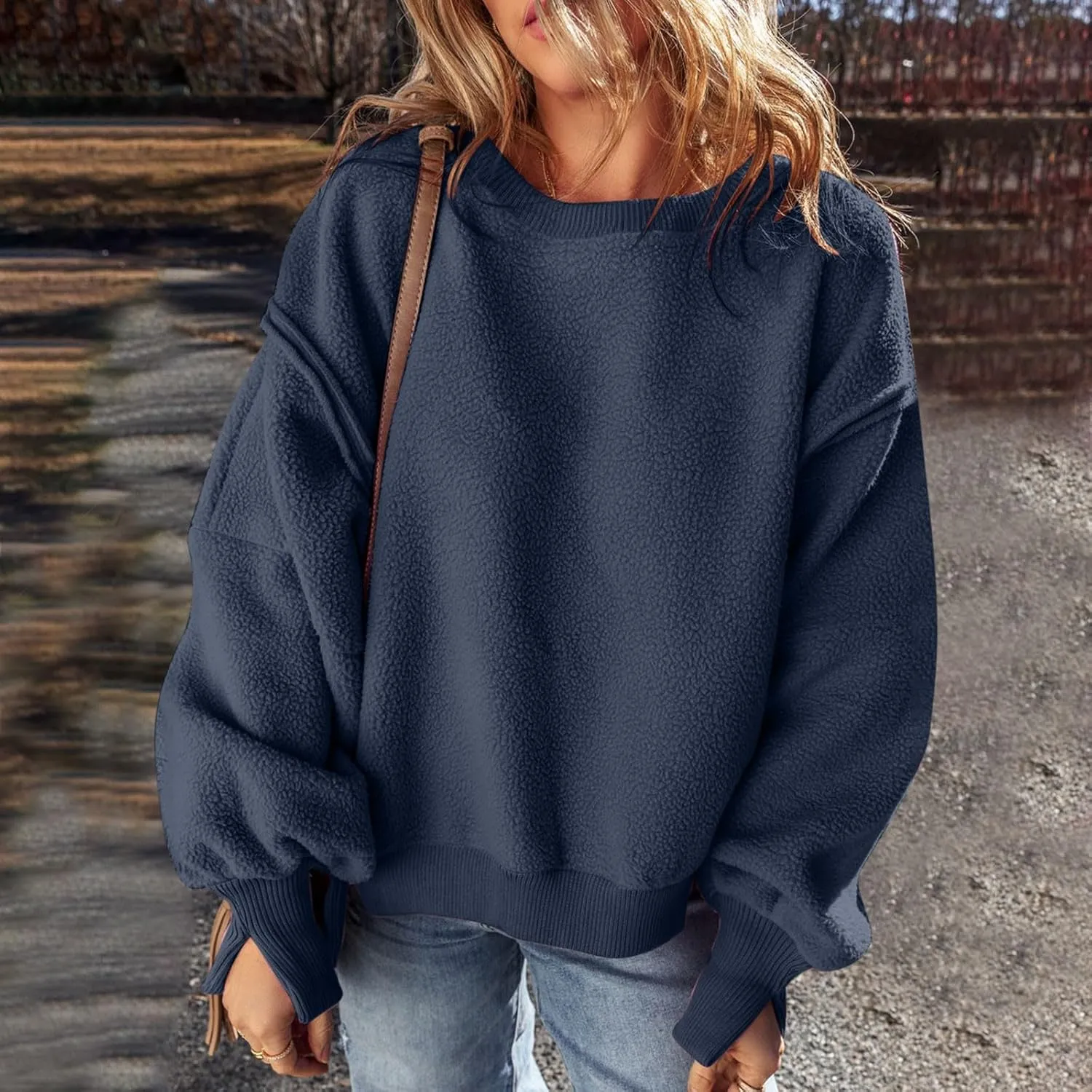 Womens Long Sleeve Warm Fuzzy Sweatshirts Sherpa Fleece Sweatshirt Drop Shoulder Casual Fashion Crewneck Sweaters
