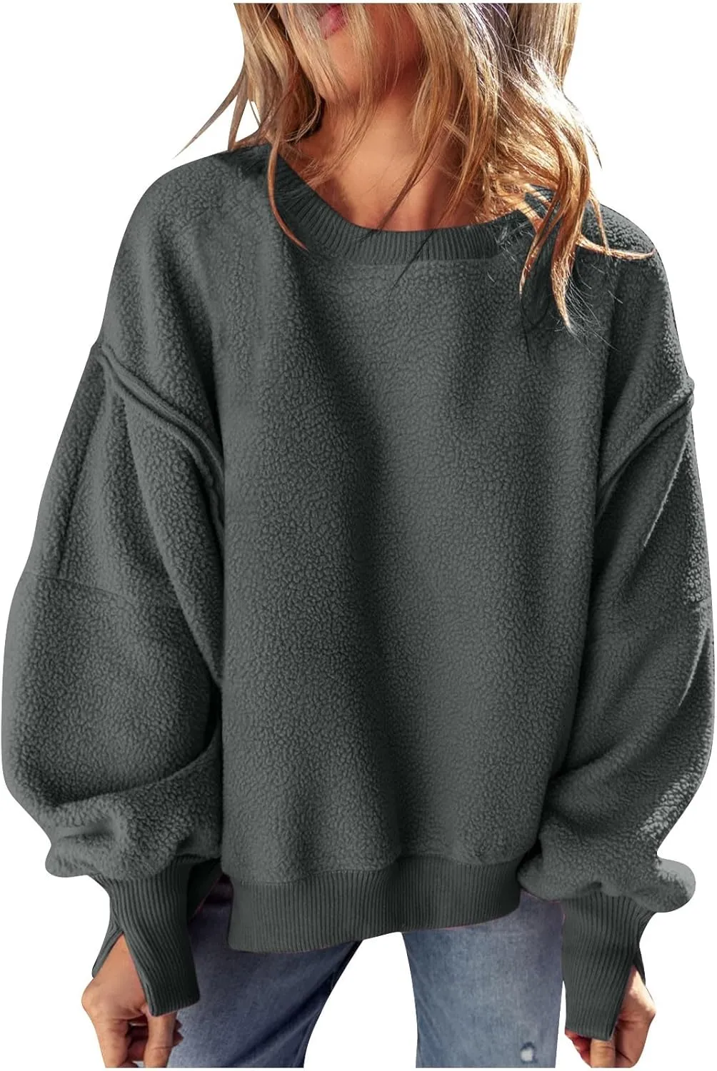 Womens Long Sleeve Warm Fuzzy Sweatshirts Sherpa Fleece Sweatshirt Drop Shoulder Casual Fashion Crewneck Sweaters