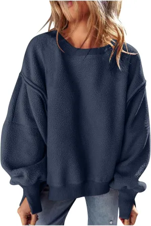 Womens Long Sleeve Warm Fuzzy Sweatshirts Sherpa Fleece Sweatshirt Drop Shoulder Casual Fashion Crewneck Sweaters