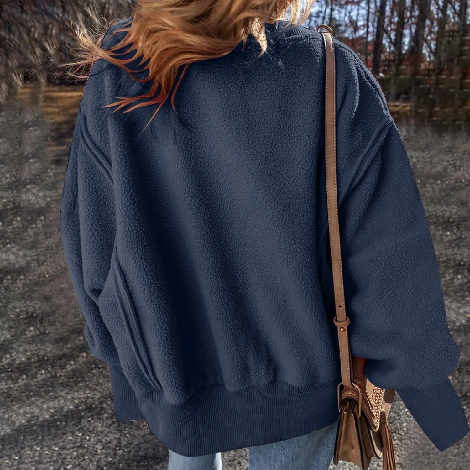 Womens Long Sleeve Warm Fuzzy Sweatshirts Sherpa Fleece Sweatshirt Drop Shoulder Casual Fashion Crewneck Sweaters