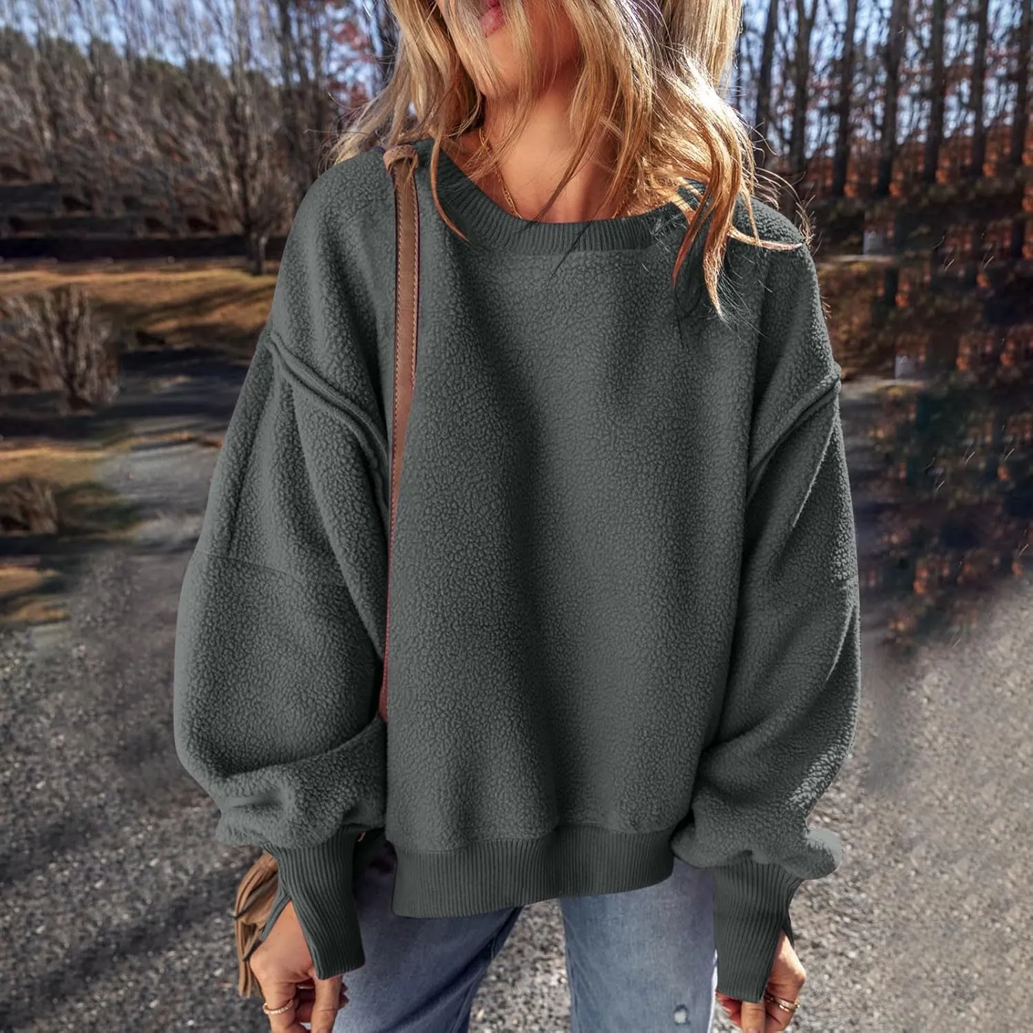 Womens Long Sleeve Warm Fuzzy Sweatshirts Sherpa Fleece Sweatshirt Drop Shoulder Casual Fashion Crewneck Sweaters