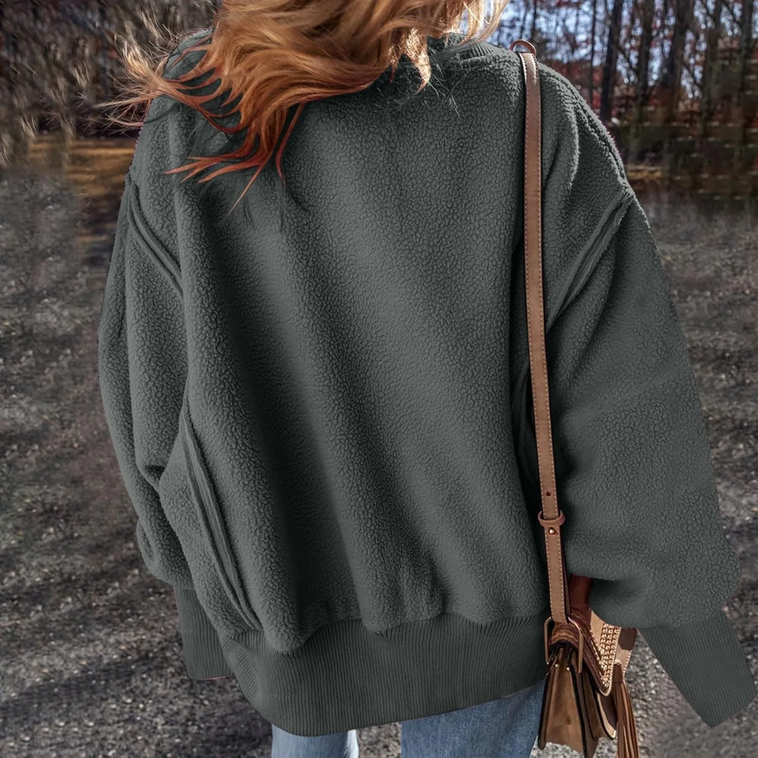 Womens Long Sleeve Warm Fuzzy Sweatshirts Sherpa Fleece Sweatshirt Drop Shoulder Casual Fashion Crewneck Sweaters
