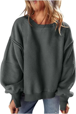 Womens Long Sleeve Warm Fuzzy Sweatshirts Sherpa Fleece Sweatshirt Drop Shoulder Casual Fashion Crewneck Sweaters