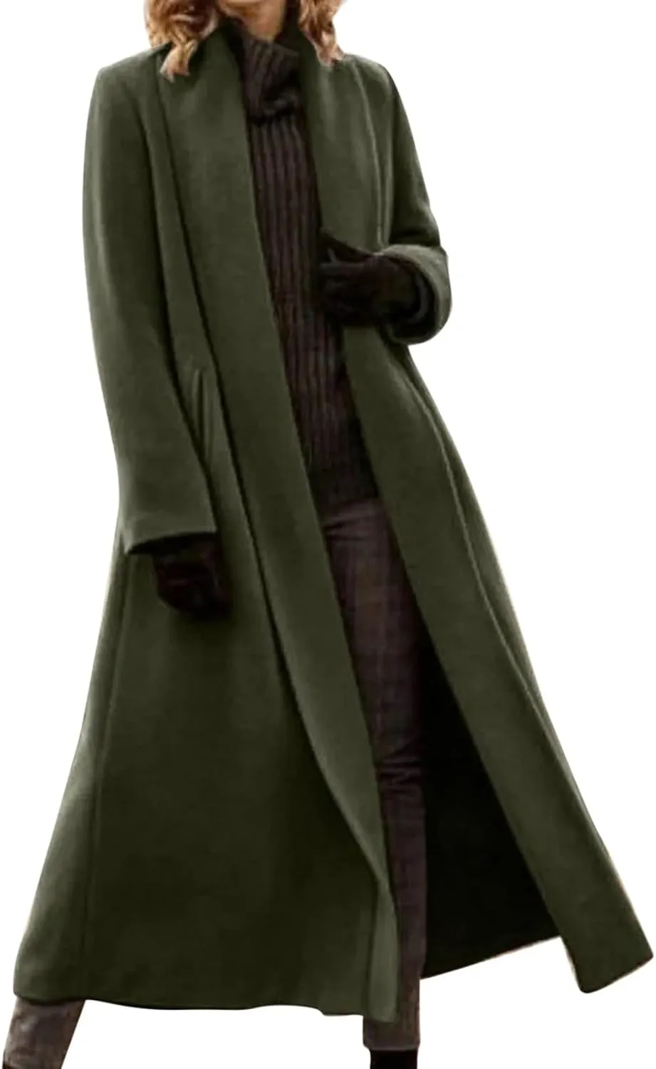 Womens Long Winter Pea Coat Casual Wool Blend Overcoat Notched Lapel Collar Trench Coat Belted Long Jacket Outerwear