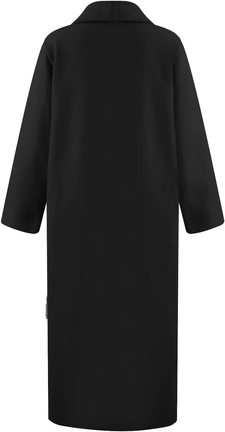 Womens Long Winter Pea Coat Casual Wool Blend Overcoat Notched Lapel Collar Trench Coat Belted Long Jacket Outerwear