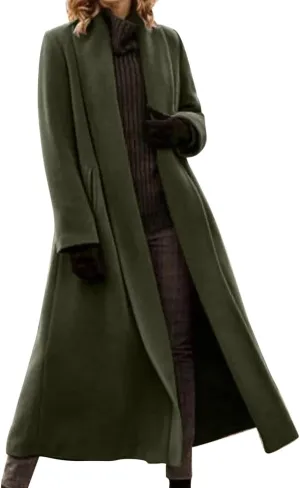 Womens Long Winter Pea Coat Casual Wool Blend Overcoat Notched Lapel Collar Trench Coat Belted Long Jacket Outerwear