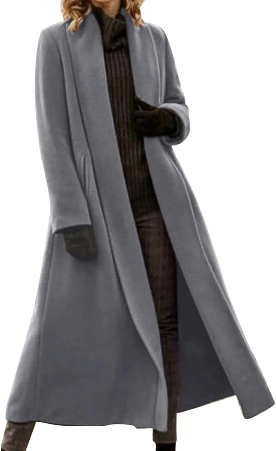Womens Long Winter Pea Coat Casual Wool Blend Overcoat Notched Lapel Collar Trench Coat Belted Long Jacket Outerwear