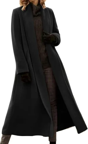 Womens Long Winter Pea Coat Casual Wool Blend Overcoat Notched Lapel Collar Trench Coat Belted Long Jacket Outerwear