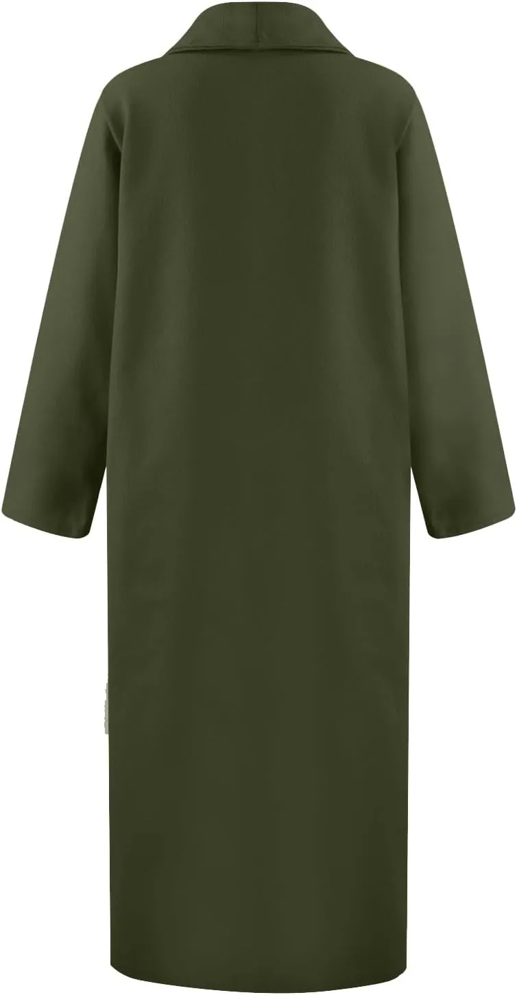 Womens Long Winter Pea Coat Casual Wool Blend Overcoat Notched Lapel Collar Trench Coat Belted Long Jacket Outerwear