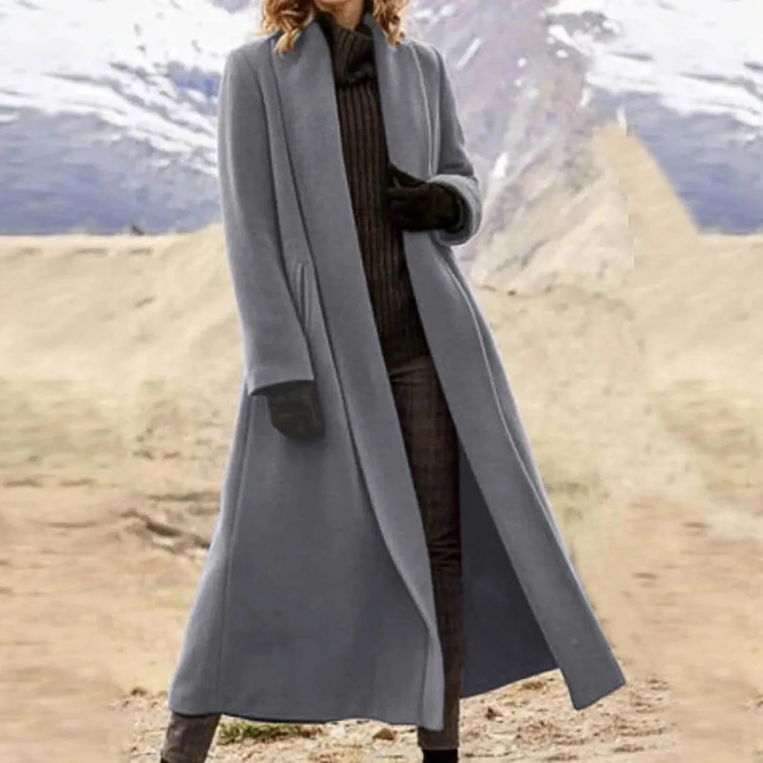 Womens Long Winter Pea Coat Casual Wool Blend Overcoat Notched Lapel Collar Trench Coat Belted Long Jacket Outerwear
