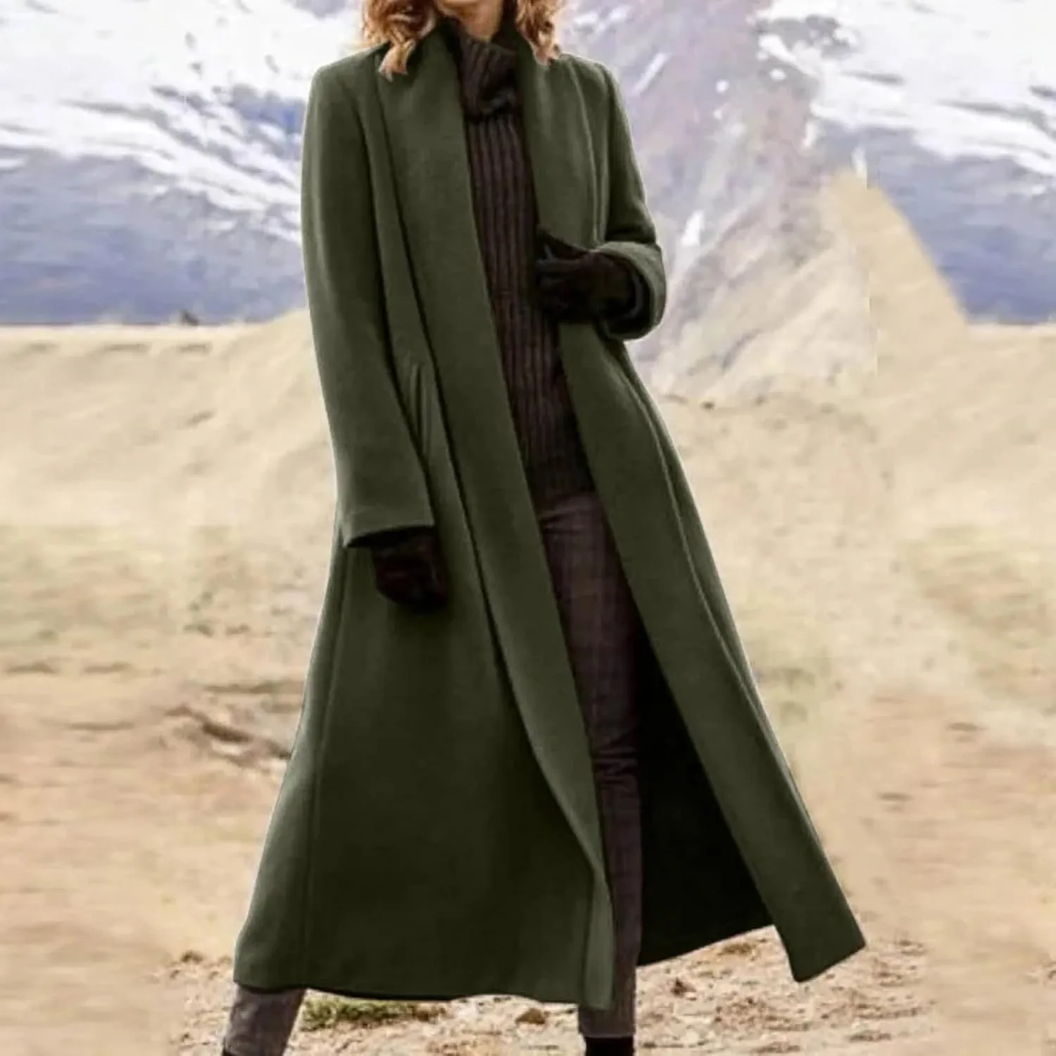 Womens Long Winter Pea Coat Casual Wool Blend Overcoat Notched Lapel Collar Trench Coat Belted Long Jacket Outerwear