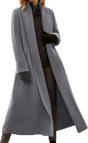 Womens Long Winter Pea Coat Casual Wool Blend Overcoat Notched Lapel Collar Trench Coat Belted Long Jacket Outerwear