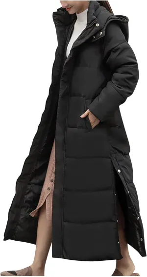 Womens Long Winter Quilted Puffer Coat Hooded Maxi Parka down Jacket Warm Padded Thick Outerwear with Side Button Hem