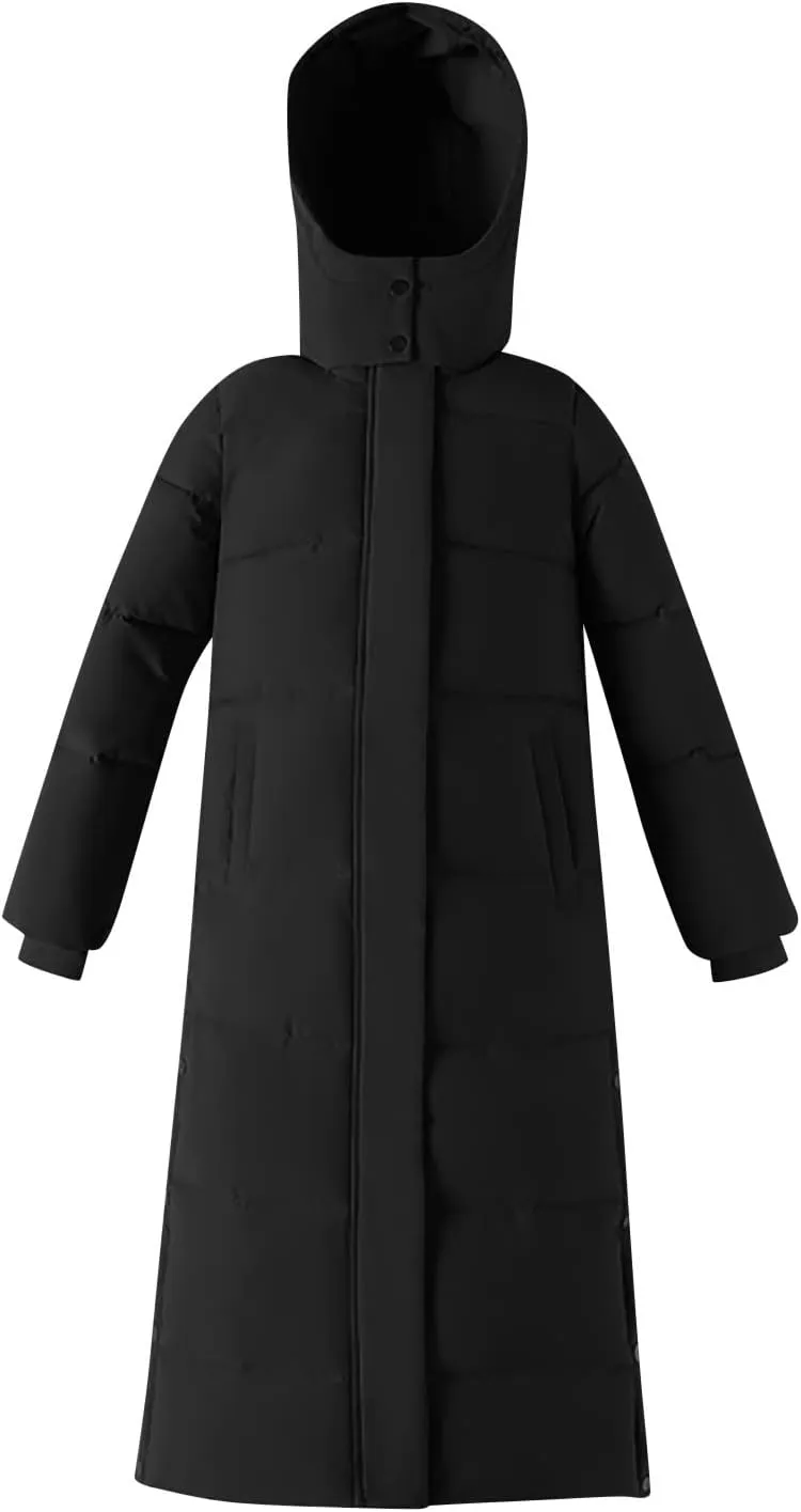 Womens Long Winter Quilted Puffer Coat Hooded Maxi Parka down Jacket Warm Padded Thick Outerwear with Side Button Hem