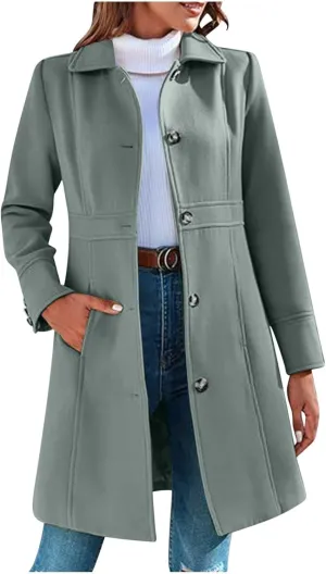 Womens Long Wool Coats Winter Dressy Single Breasted Blend Trench Coat Jacket Fall Winter Solid Color Casual Peacoat