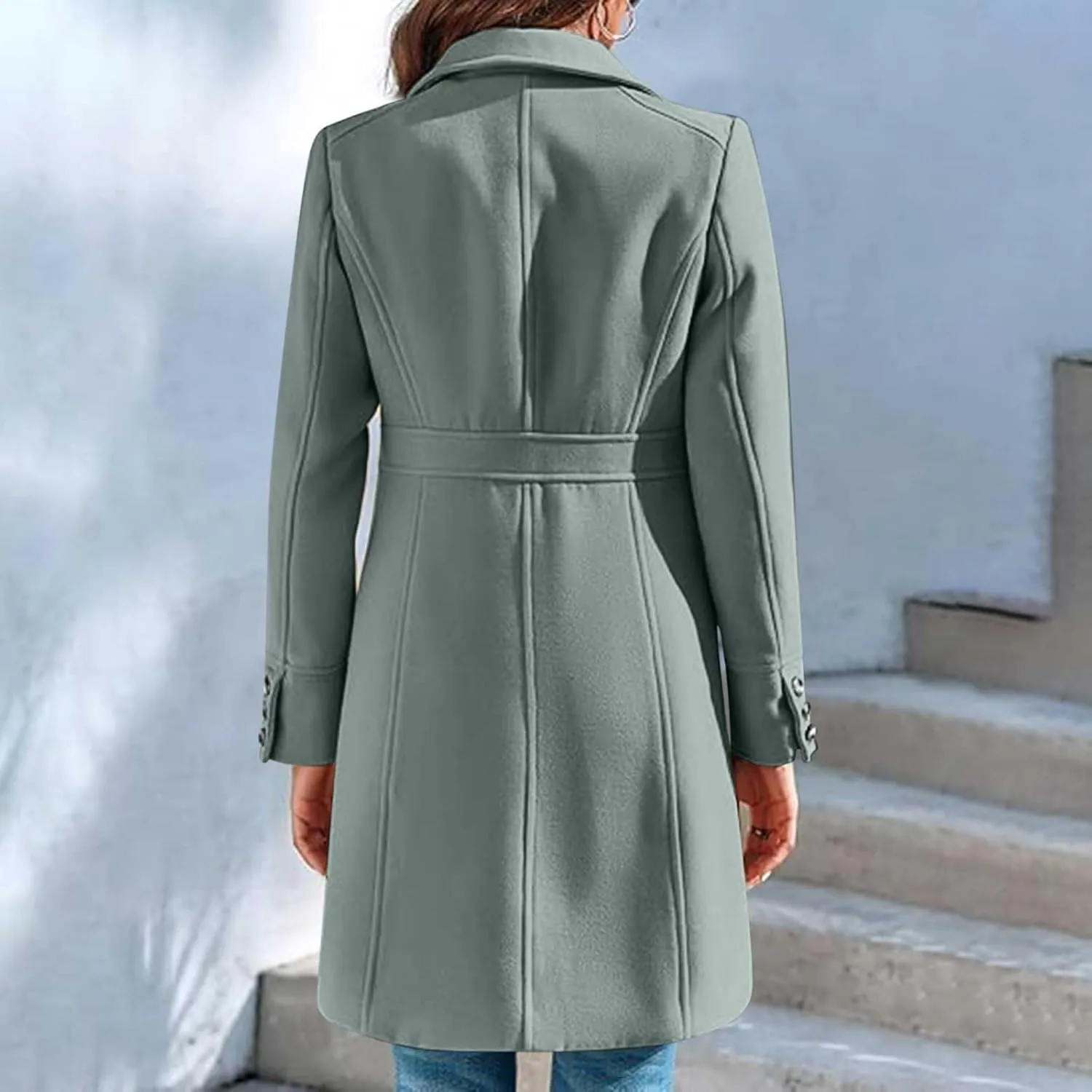 Womens Long Wool Coats Winter Dressy Single Breasted Blend Trench Coat Jacket Fall Winter Solid Color Casual Peacoat