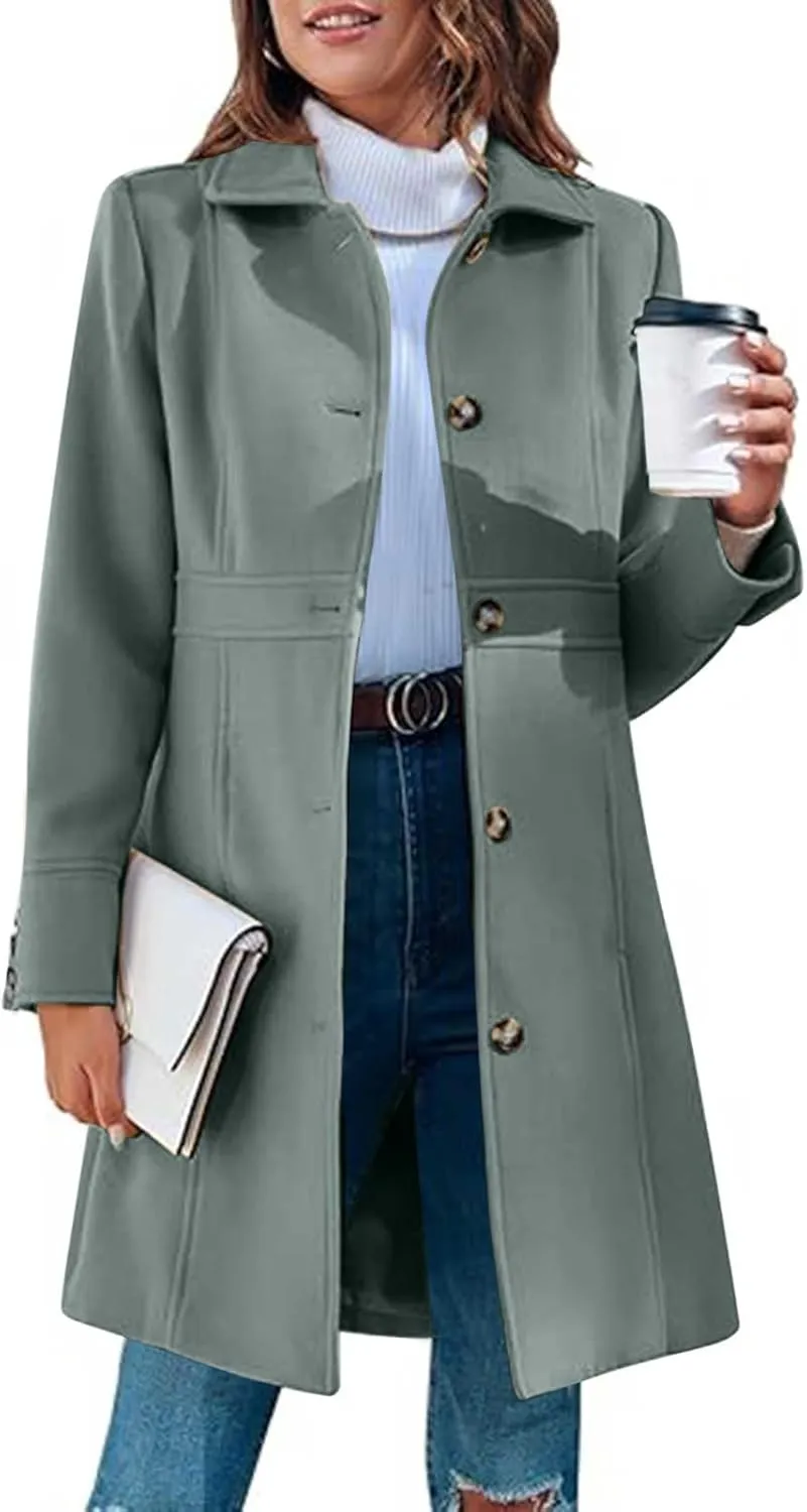 Womens Long Wool Coats Winter Dressy Single Breasted Blend Trench Coat Jacket Fall Winter Solid Color Casual Peacoat