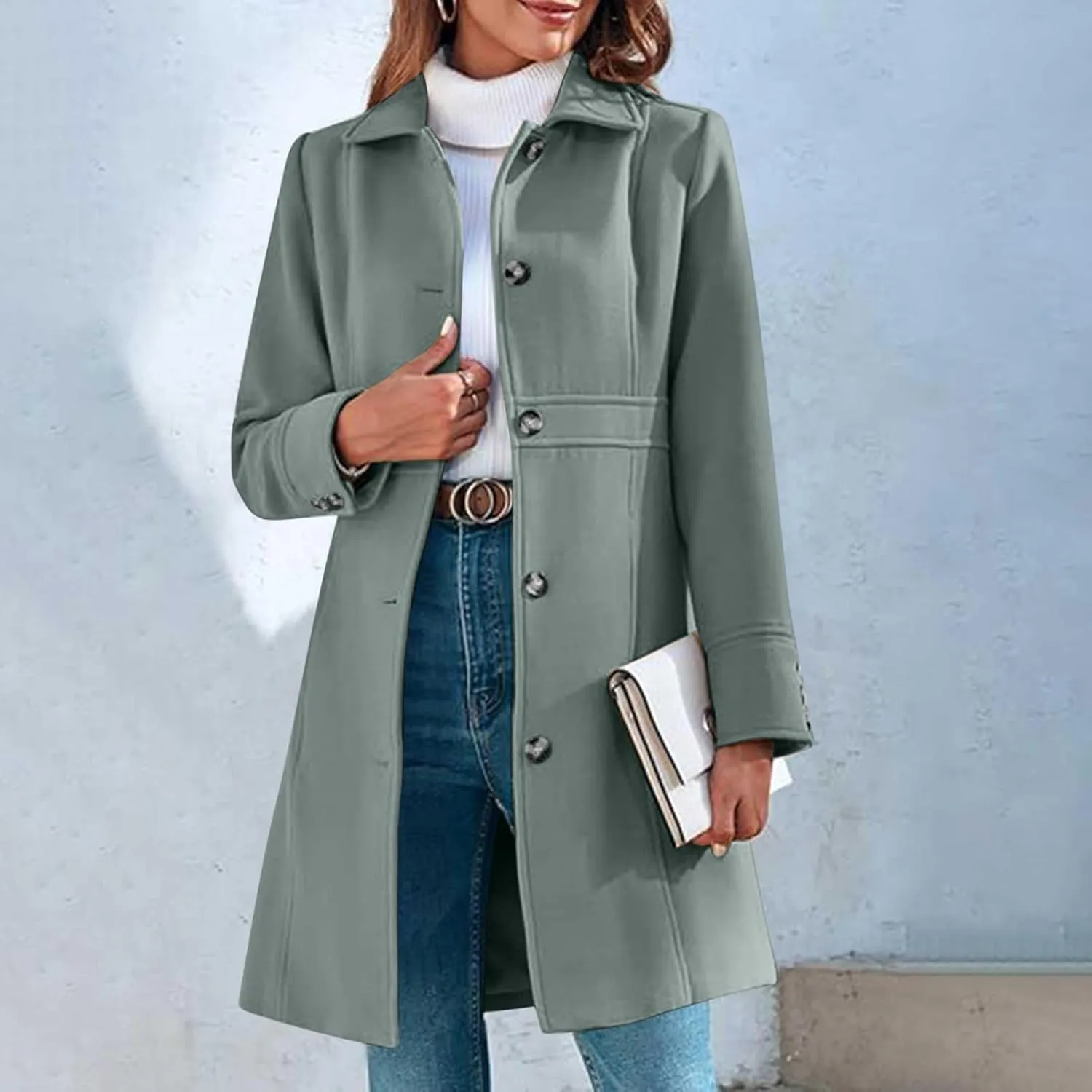 Womens Long Wool Coats Winter Dressy Single Breasted Blend Trench Coat Jacket Fall Winter Solid Color Casual Peacoat
