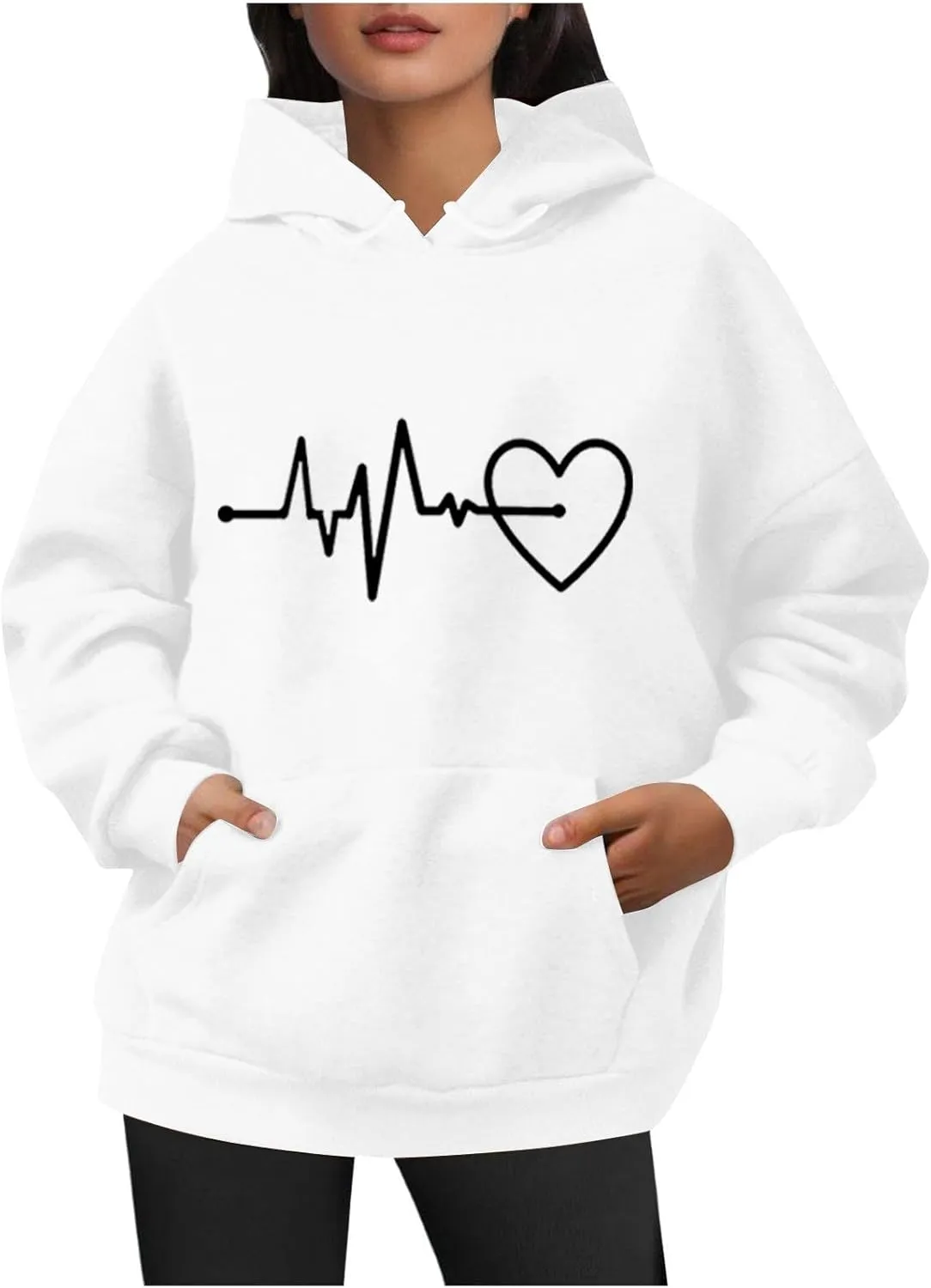 Womens Loose Fit Long Sleeve Comfy Hoodies Love Heart Graphic Sweatshirts Fashion Cute Pullover Tops with Pocket