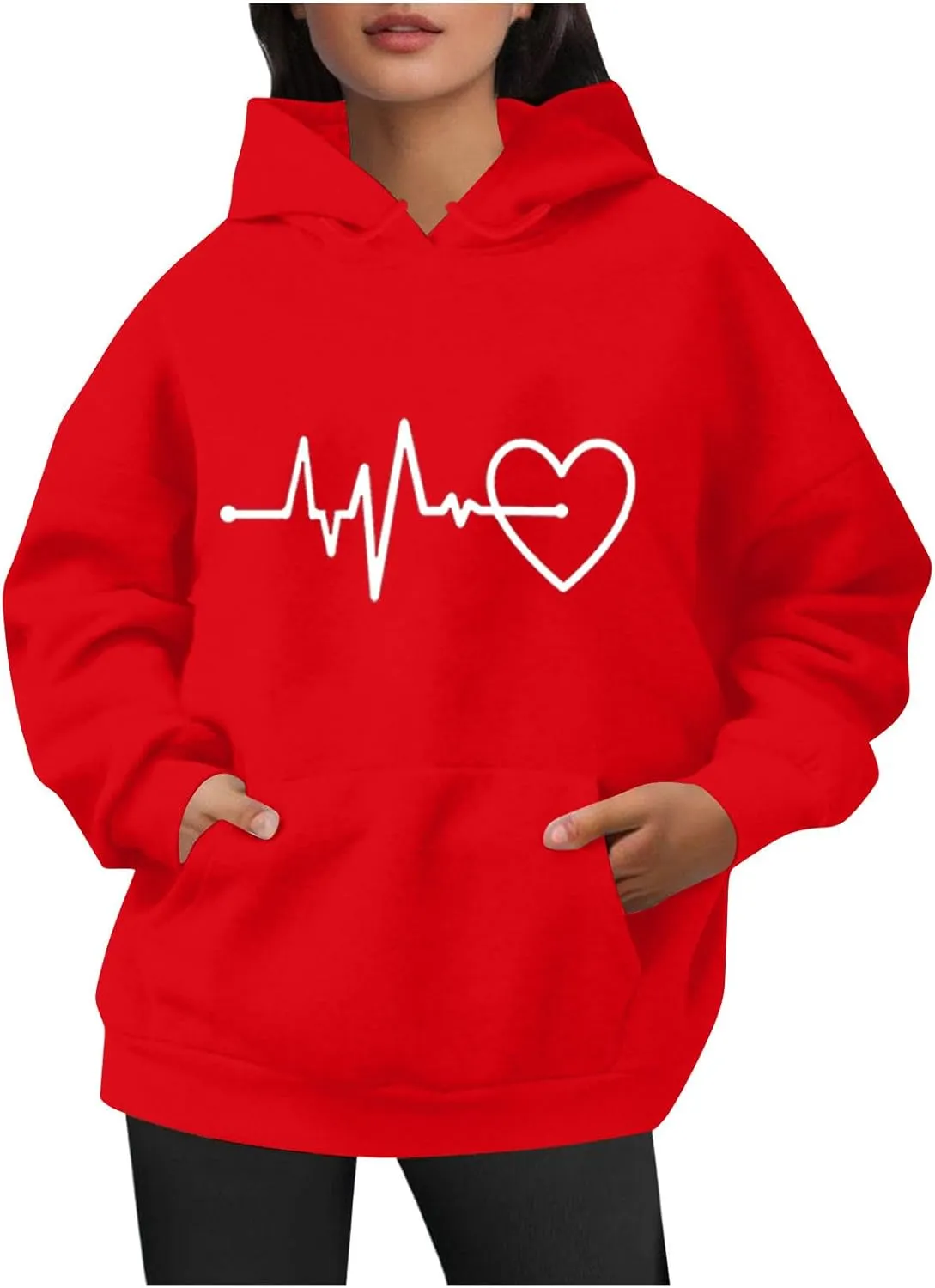 Womens Loose Fit Long Sleeve Comfy Hoodies Love Heart Graphic Sweatshirts Fashion Cute Pullover Tops with Pocket