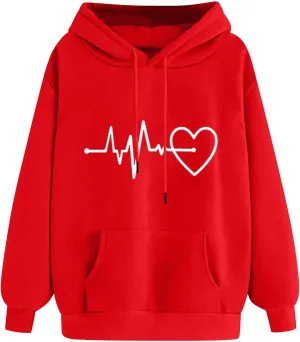 Womens Loose Fit Long Sleeve Comfy Hoodies Love Heart Graphic Sweatshirts Fashion Cute Pullover Tops with Pocket
