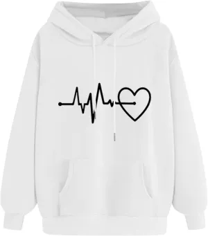 Womens Loose Fit Long Sleeve Comfy Hoodies Love Heart Graphic Sweatshirts Fashion Cute Pullover Tops with Pocket