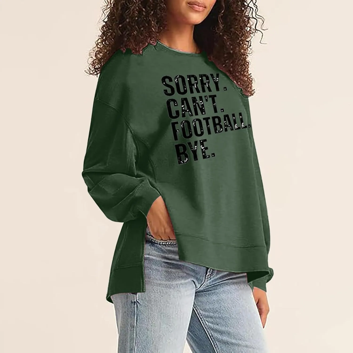 Womens Loose Sweatshirts Crewneck Letter Print Long Sleeve Hoodies Fall Workout High Low Hem Slit Tops for Teen Girls