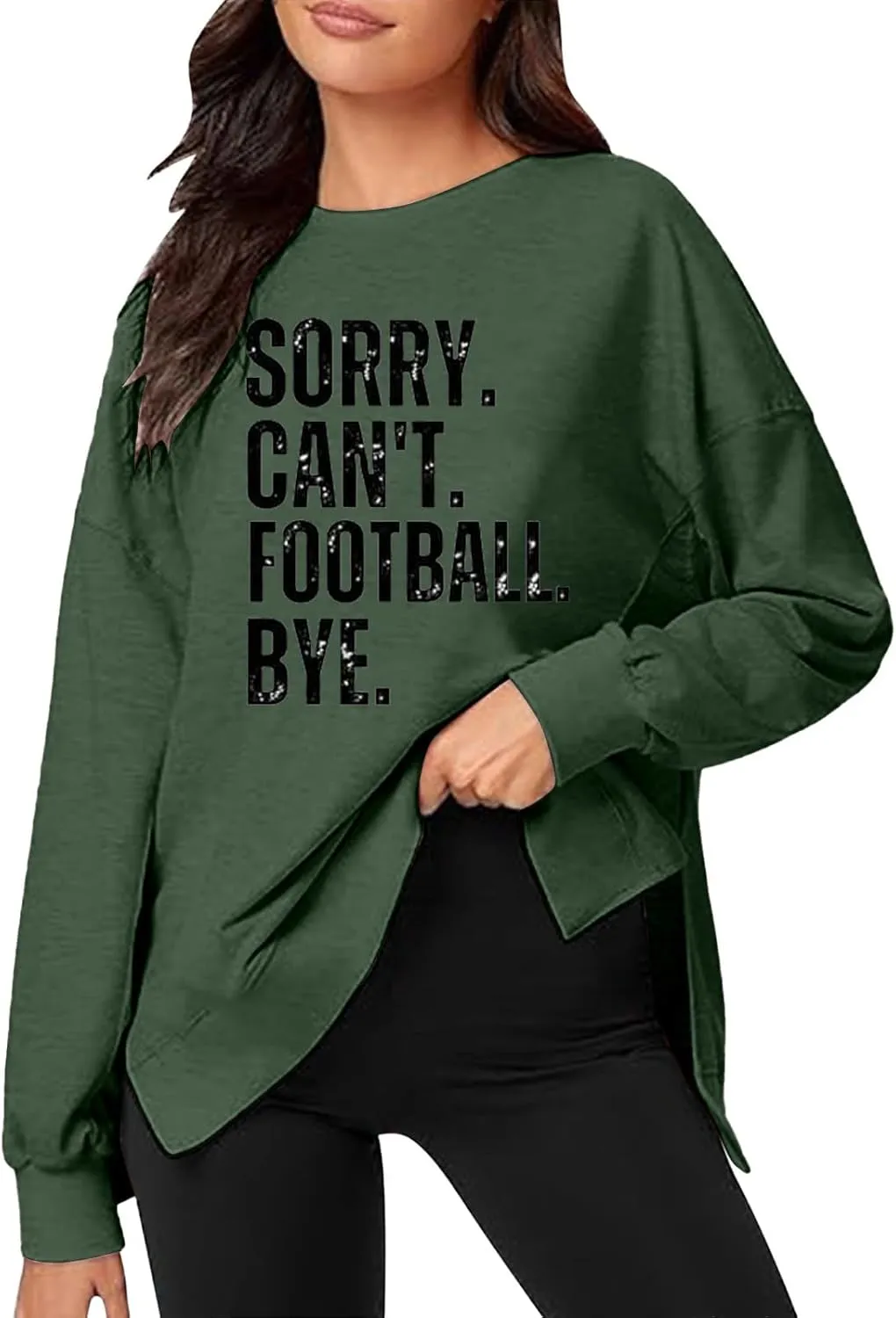 Womens Loose Sweatshirts Crewneck Letter Print Long Sleeve Hoodies Fall Workout High Low Hem Slit Tops for Teen Girls
