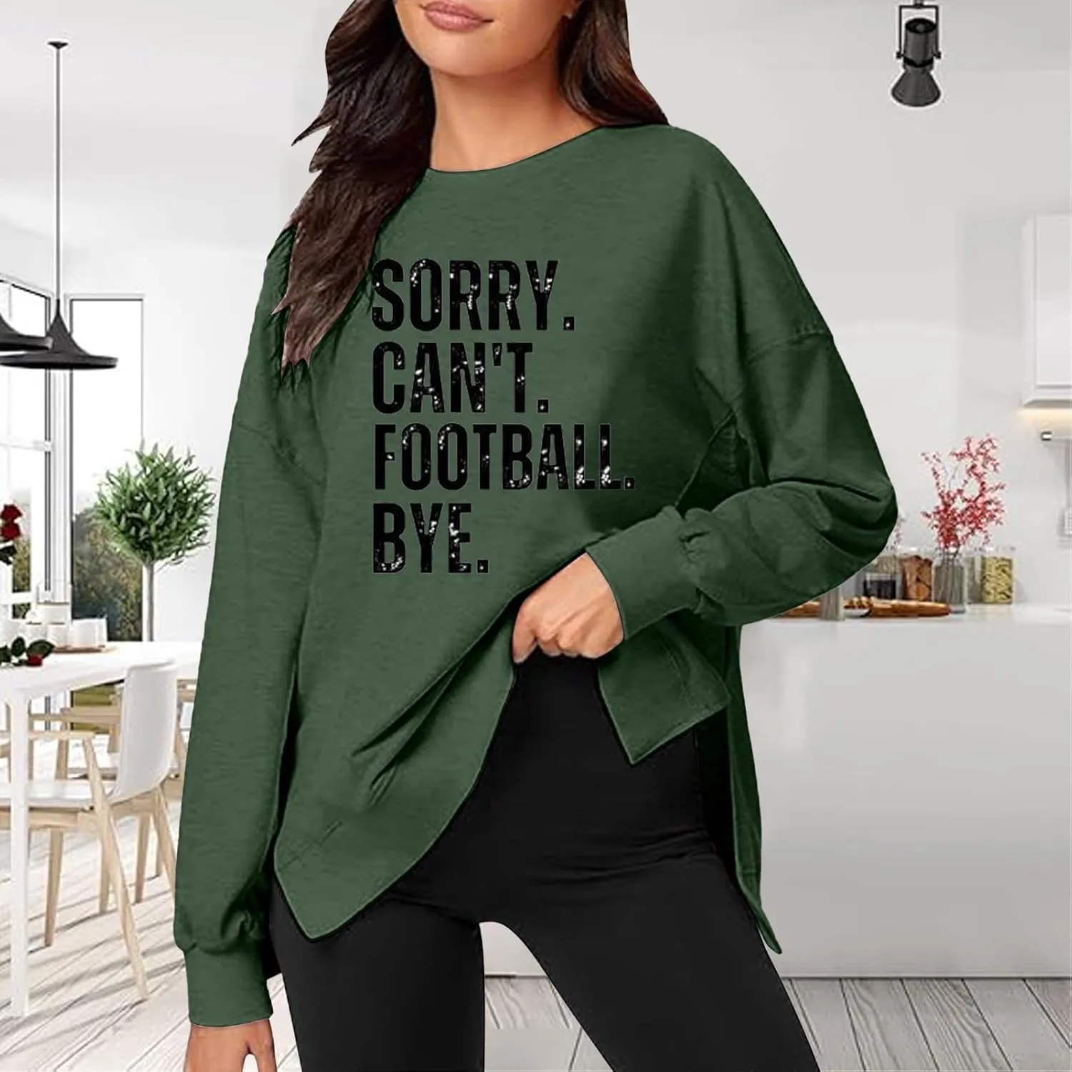Womens Loose Sweatshirts Crewneck Letter Print Long Sleeve Hoodies Fall Workout High Low Hem Slit Tops for Teen Girls