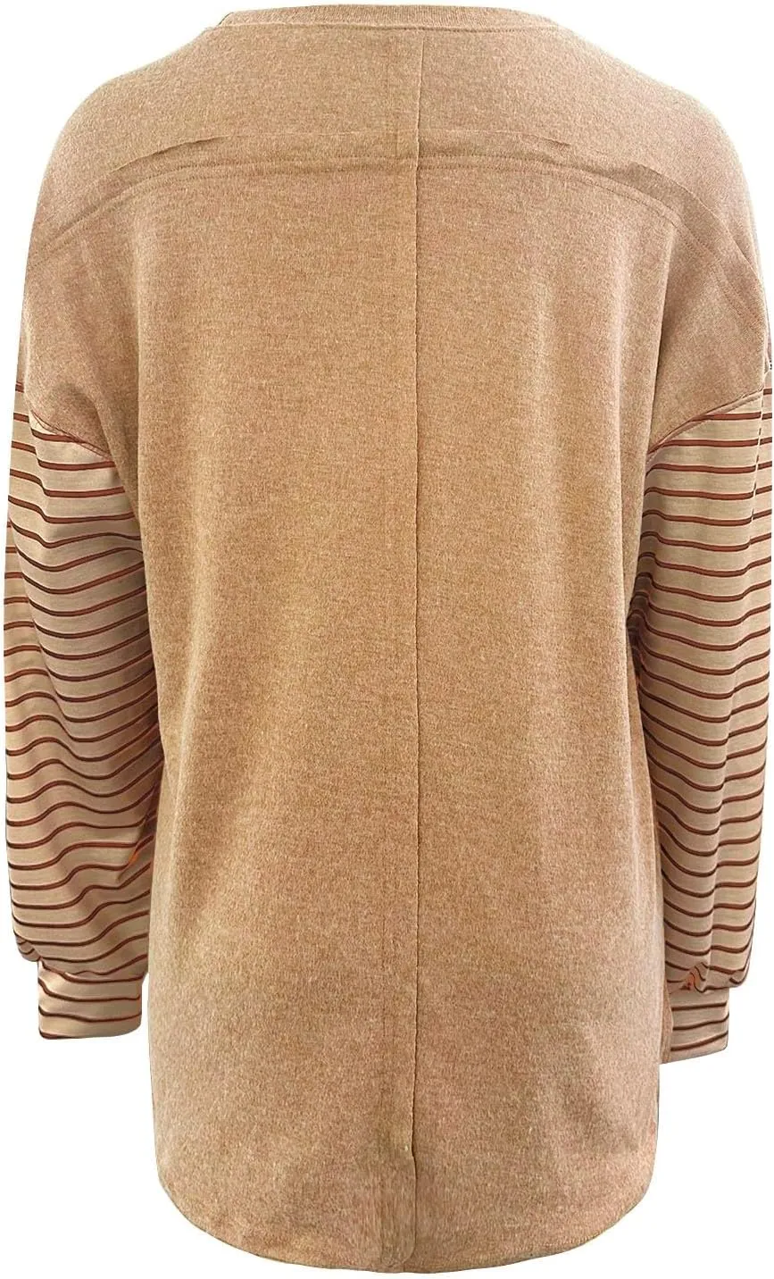 Womens Loose T Shirts Fashion Striped Color Block Long Sleeve Crewneck Side Slit Tunics Fall Lightweight Workout Tops