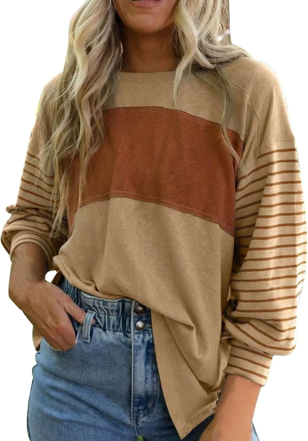 Womens Loose T Shirts Fashion Striped Color Block Long Sleeve Crewneck Side Slit Tunics Fall Lightweight Workout Tops