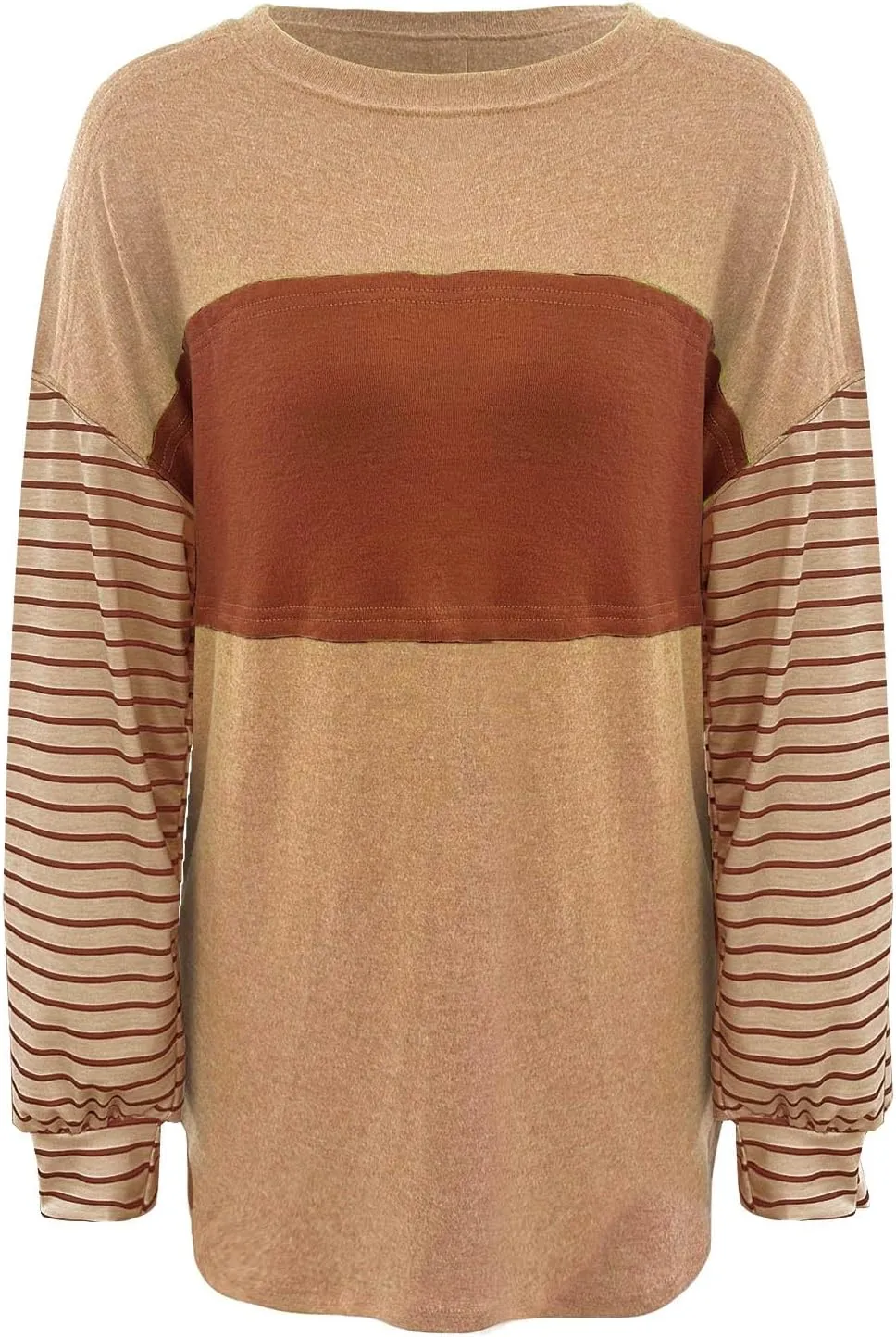Womens Loose T Shirts Fashion Striped Color Block Long Sleeve Crewneck Side Slit Tunics Fall Lightweight Workout Tops